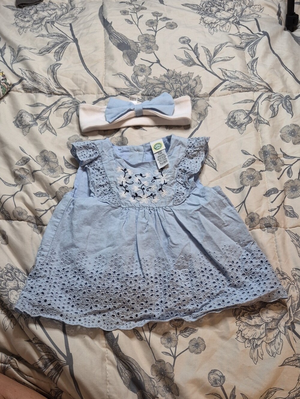 Little Me Light Blue Eyelet Dress with Bow Headband